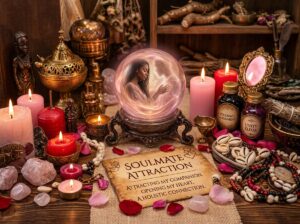 Ritual setup on wooden table with sacred herbs candles oils for love spell