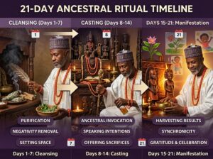 Ritual timeline showing cleansing casting and manifestation 5-step process