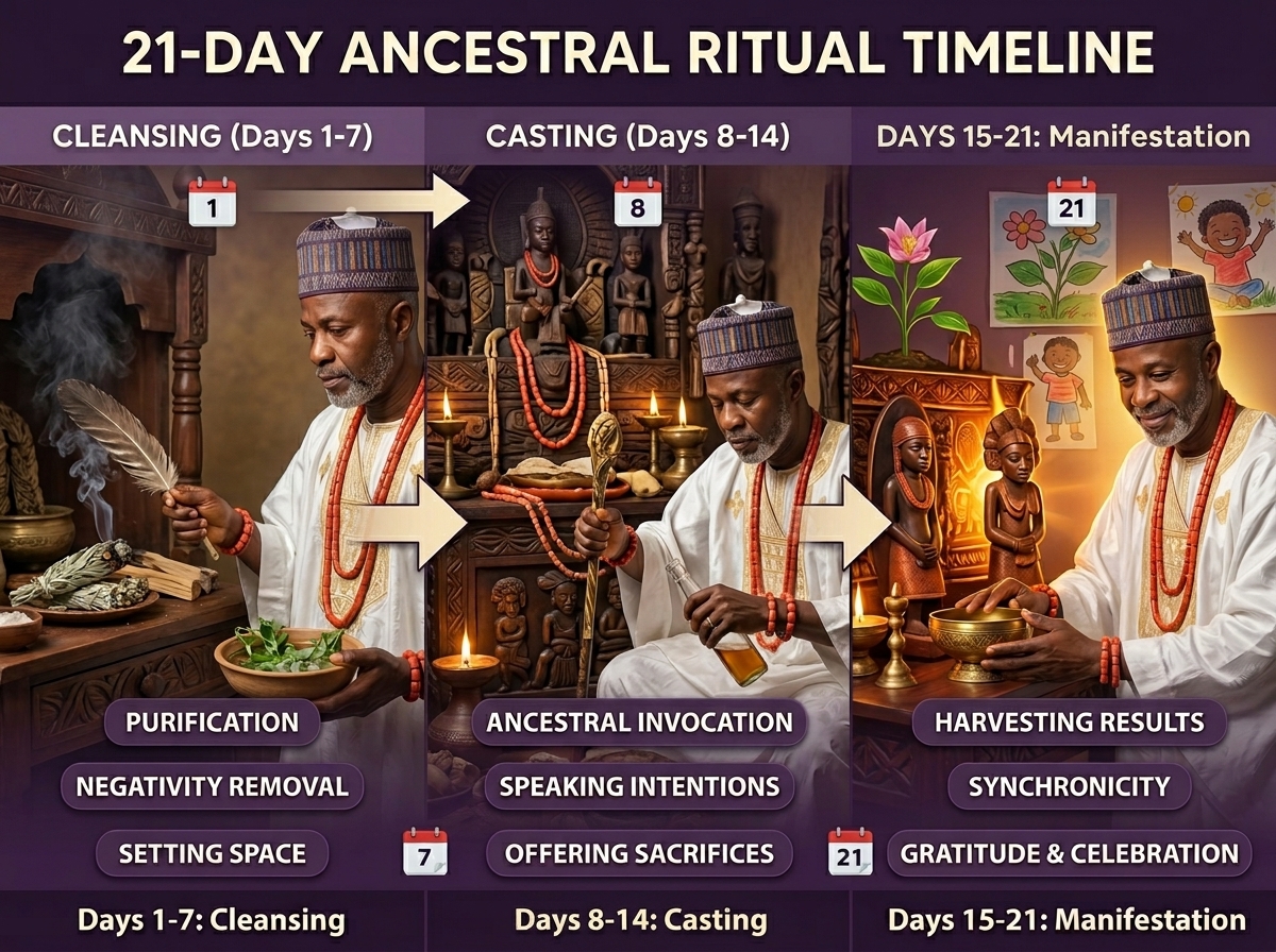 Ritual timeline showing 5-step love spell process from cleansing to sealing