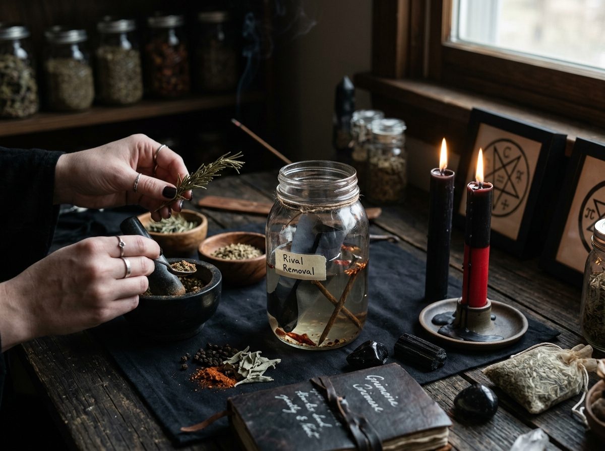 Rival removal ritual setup with cord cutting materials for third party removal