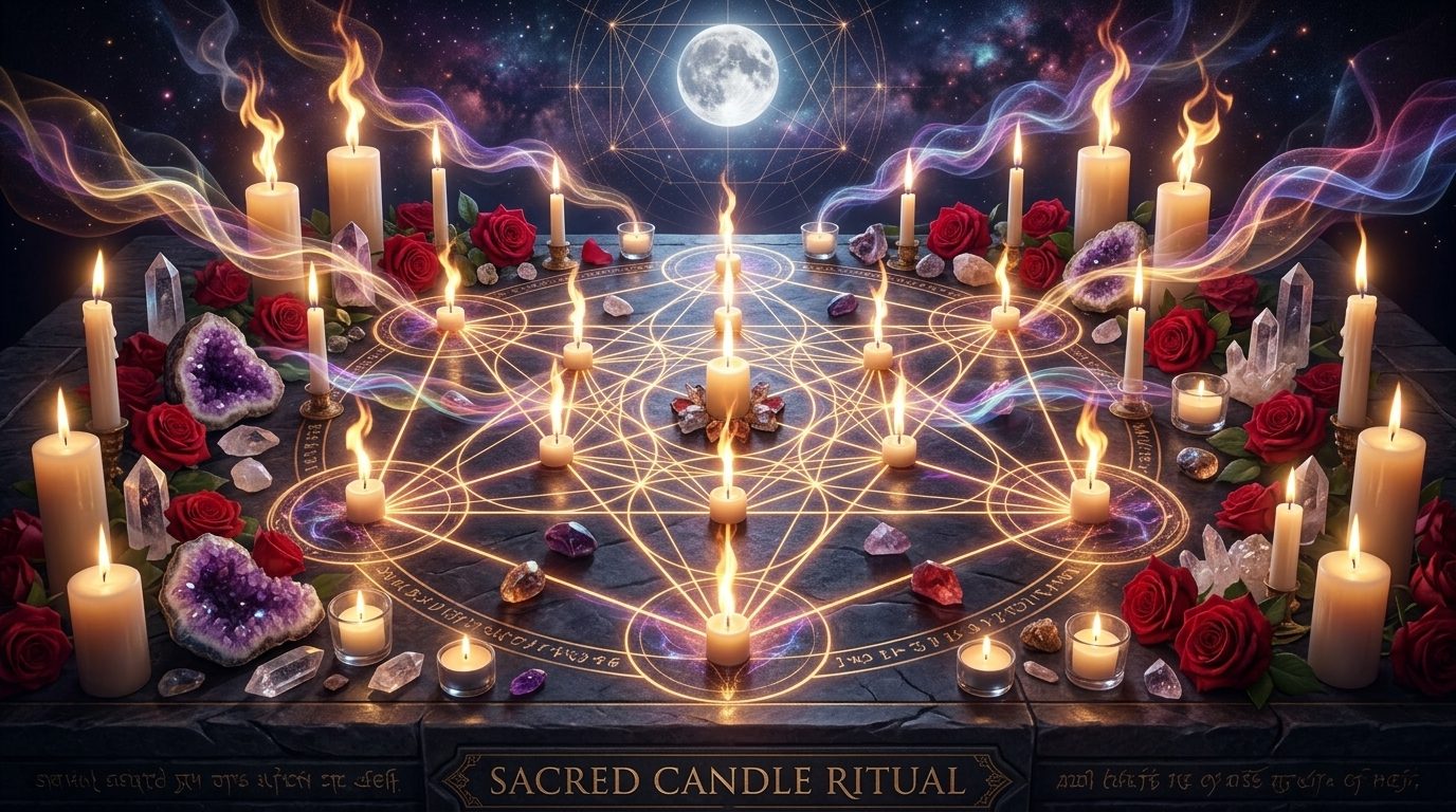 Sacred candle ritual arrangement prepared for love spell work