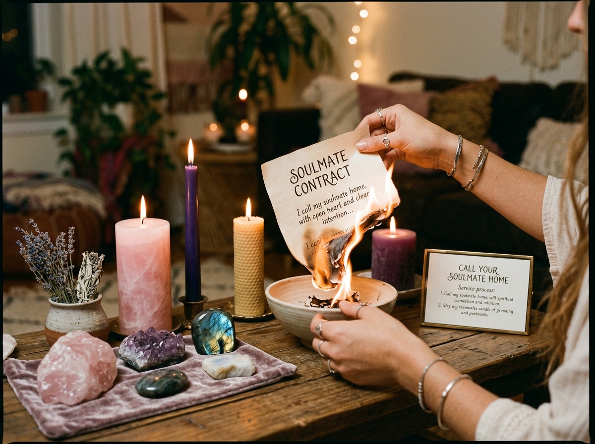 Soulmate activation ritual with candles representing spiritual love reconnection work — signs your ex is manifesting you
