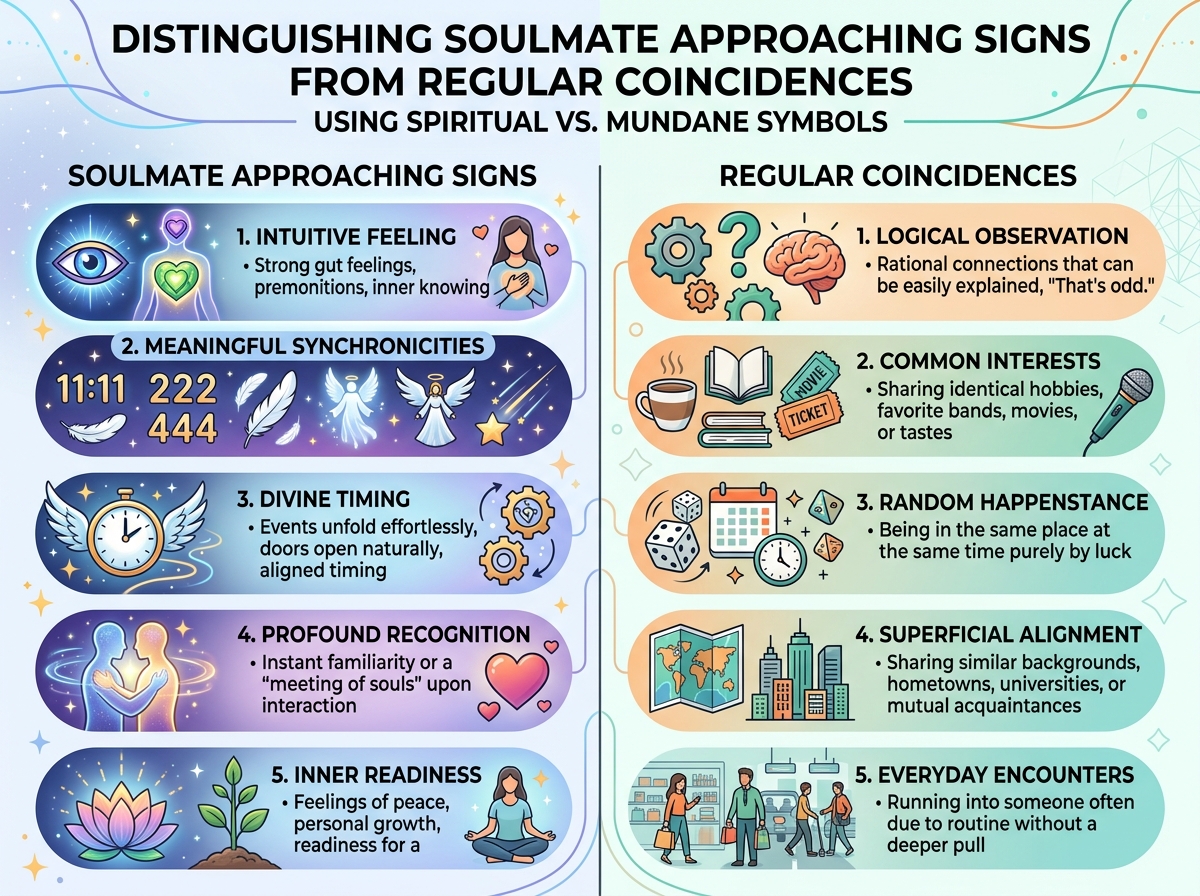 Soulmate signs versus coincidence chart for identifying genuine spiritual signals — signs your ex is manifesting you