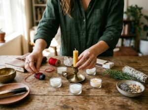 Spiritual protection ritual setup with white candles and herbs for cleansing