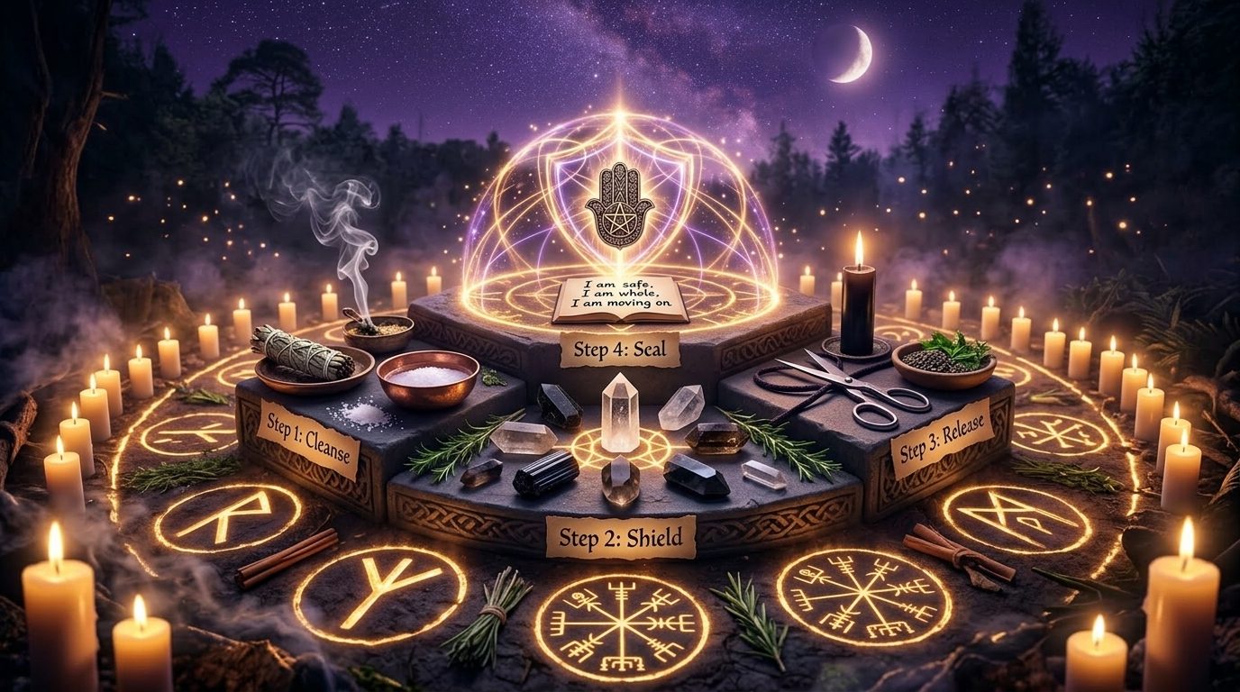Spiritual house cleansing altar setup with candles and offerings after clearing negative energy at home
