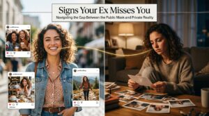 Split portrait showing signs your ex misses you but will not admit feelings