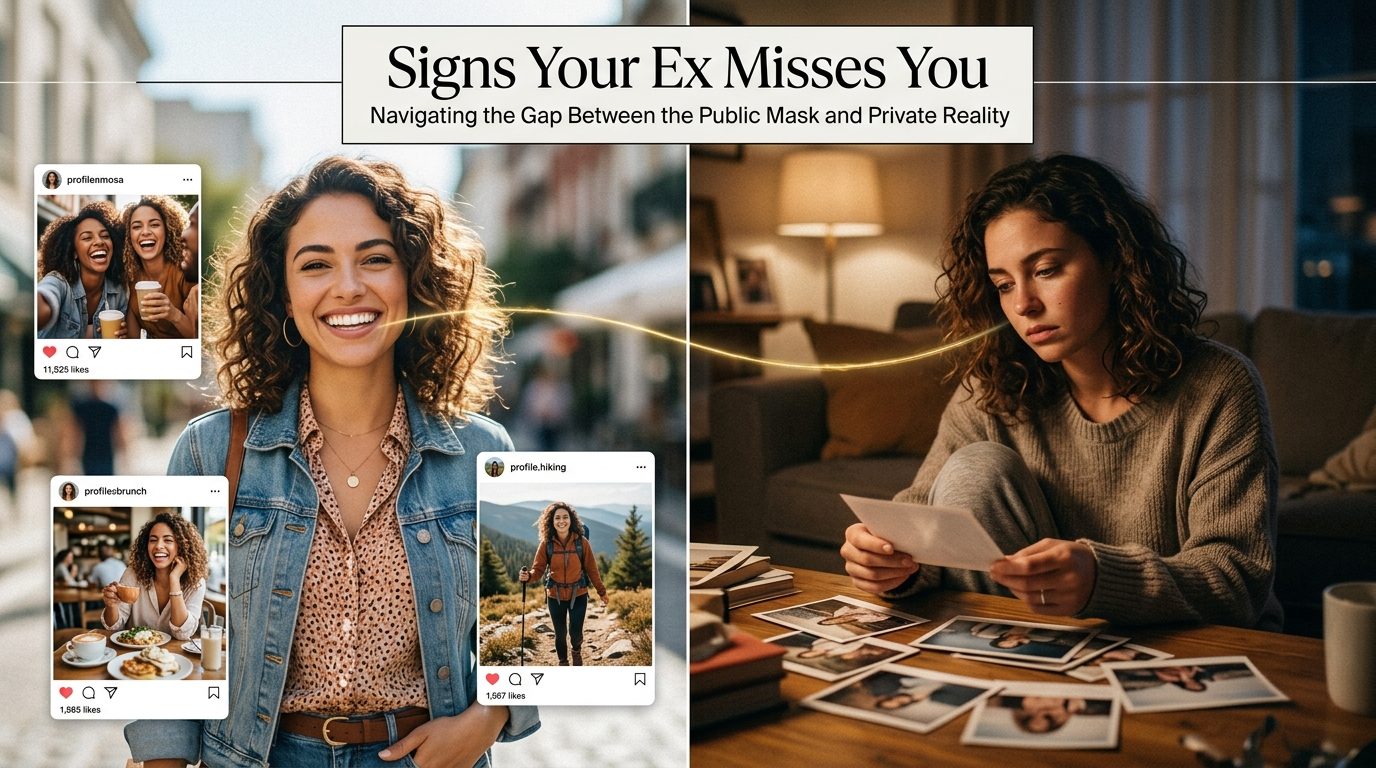 Split portrait showing ex's external indifference masking their internal thoughts about the person they are ignoring — why your ex is ignoring you