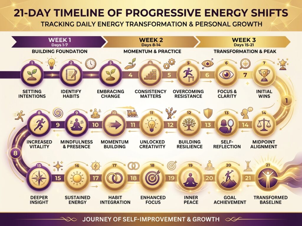 Timeline infographic showing energy shifts during love spell manifestation process
