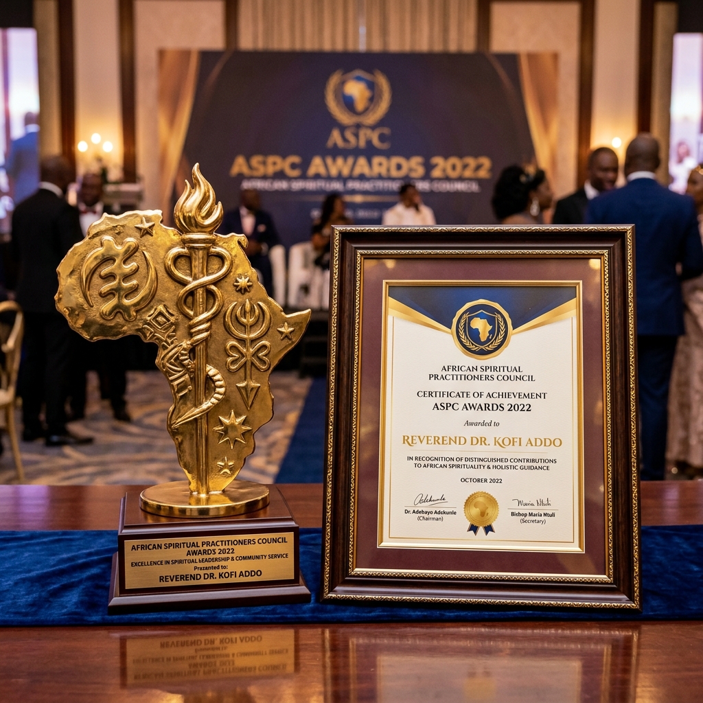 Trophy and certificate for Best African Love Spell Caster Award