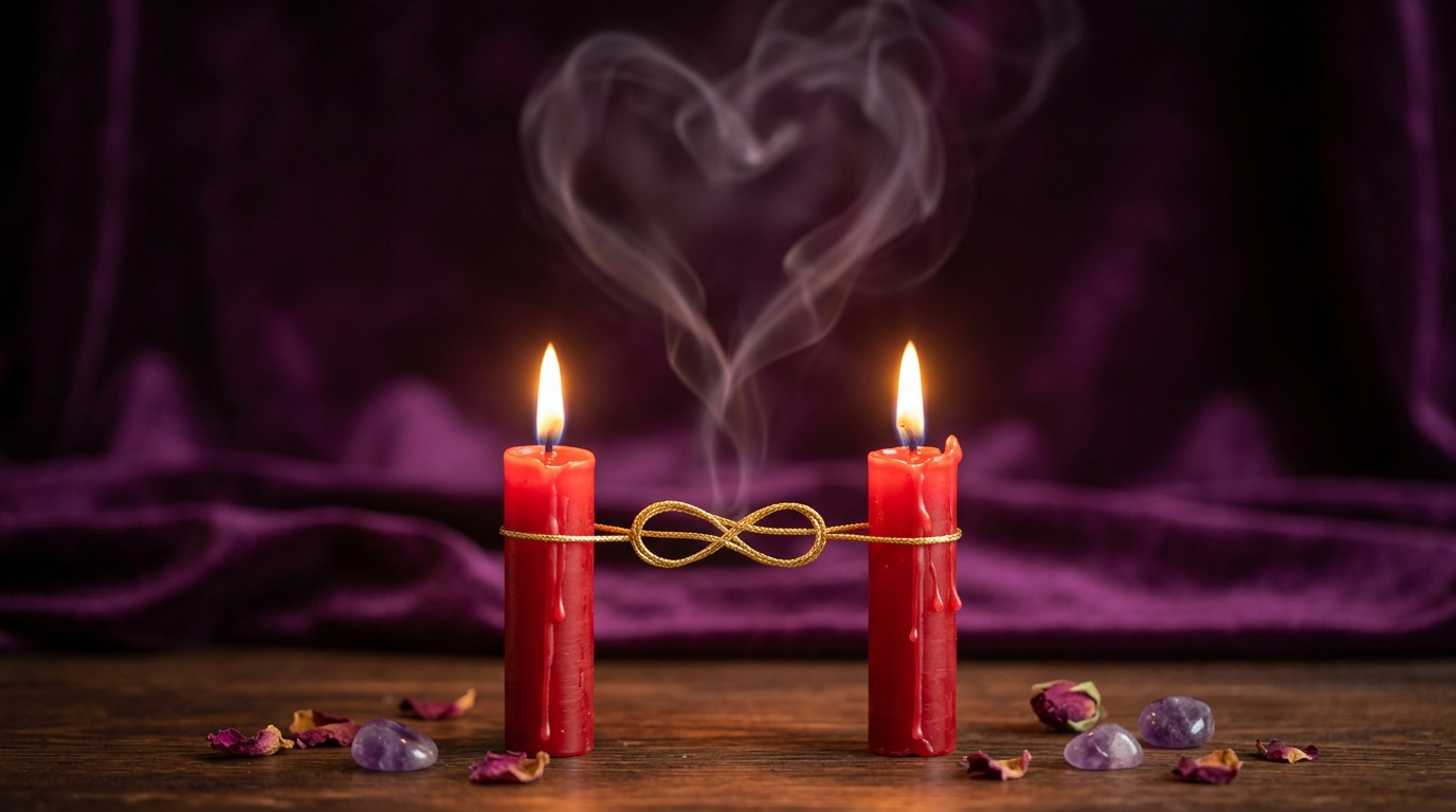 Two candles joined by sacred red thread representing the love binding ritual connecting two souls — love binding ritual home