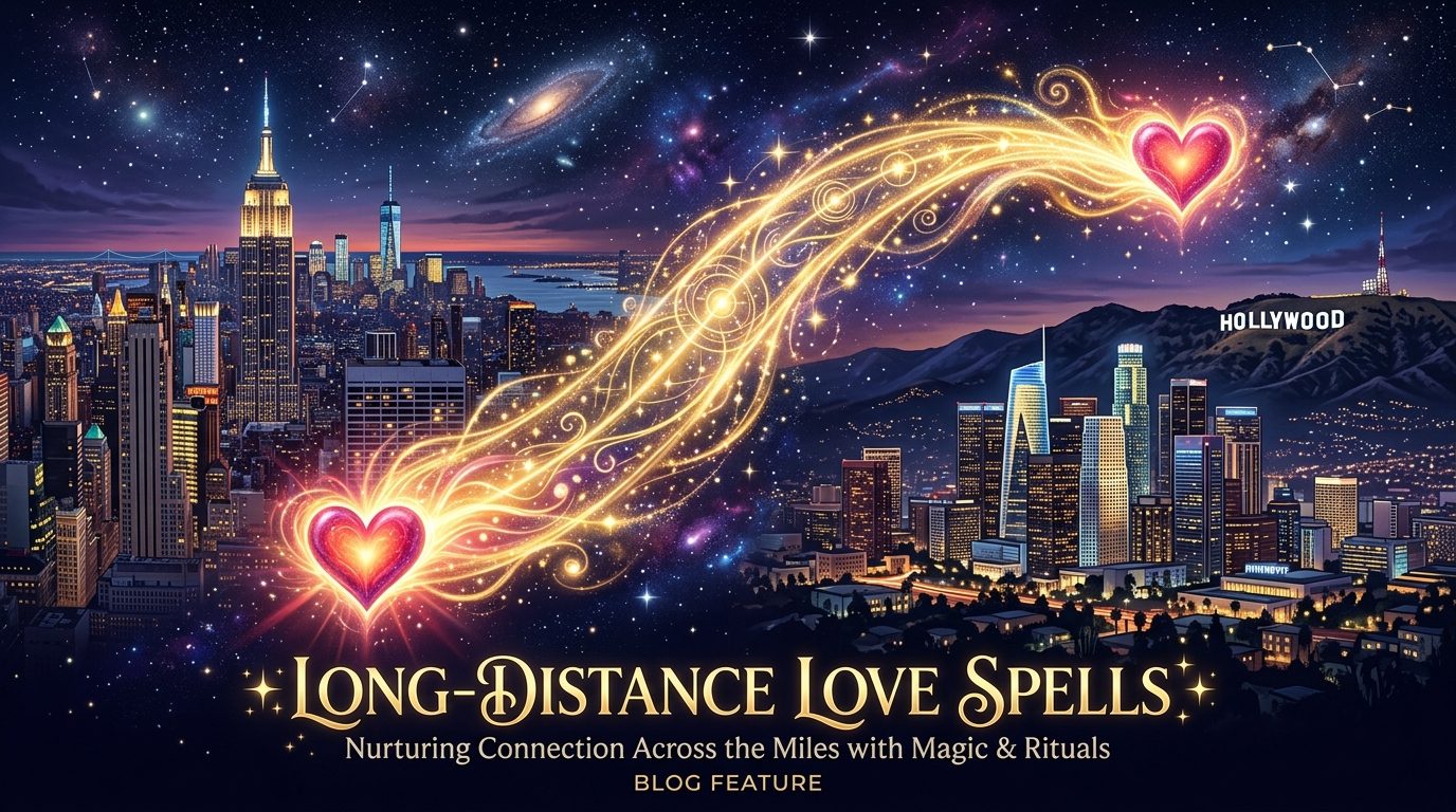 Two locations connected by bridge representing remote love spell service anywhere