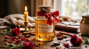 Vintage honey jar dripping honey representing sweetening spell and honey jar magic