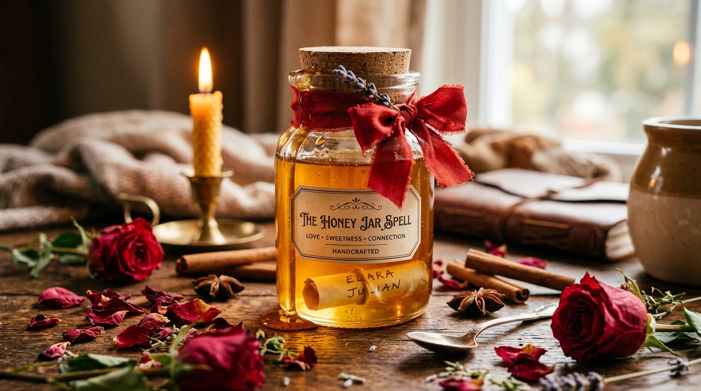 Vintage honey jar with honey drip representing sweetening love spells