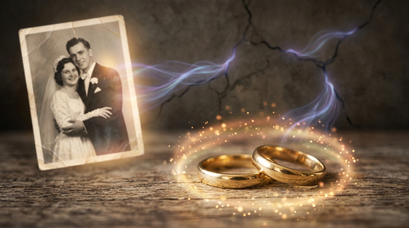 Wedding rings glowing with spiritual light representing the living soul bond in a marriage worth saving — signs marriage worth saving