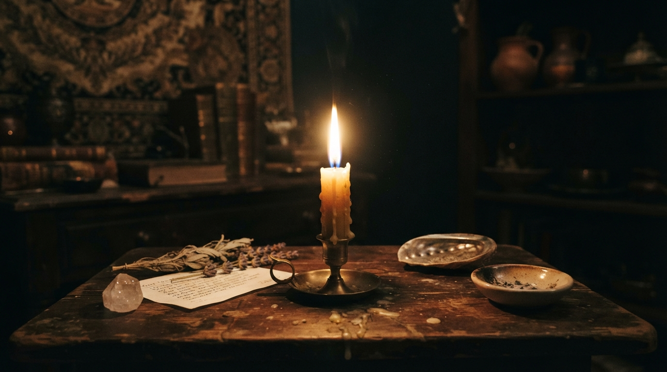 Illustration of a single candle burning steadily on a table in a quiet dark room, its flame undisturbed by the surrounding stillness