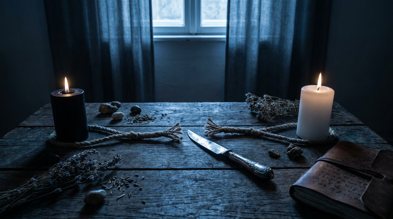 A cord-cutting ritual releasing old ties during a banishment spell