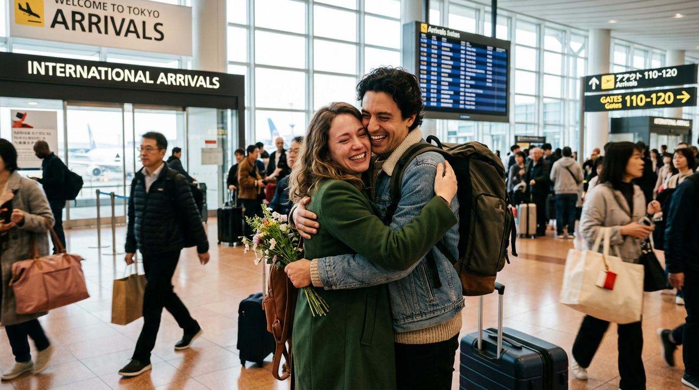 A couple embracing joyfully in a moment of reunion
