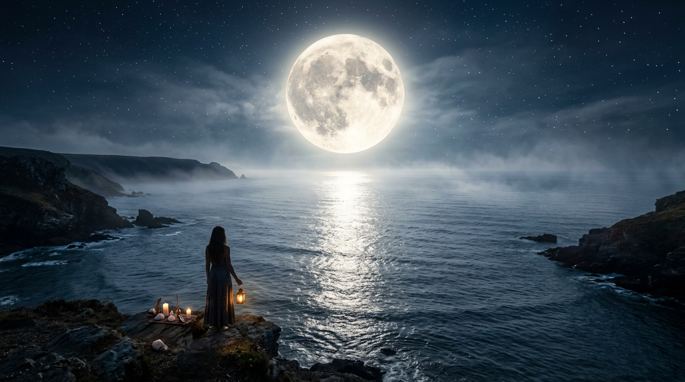 A bright full moon glowing over a calm ocean