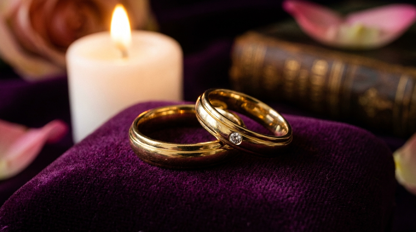Two gold wedding rings resting close together on velvet