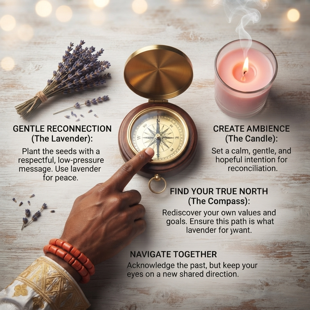 Illustration of a compass rose in gold with a single needle pointing toward a warm glow on the horizon