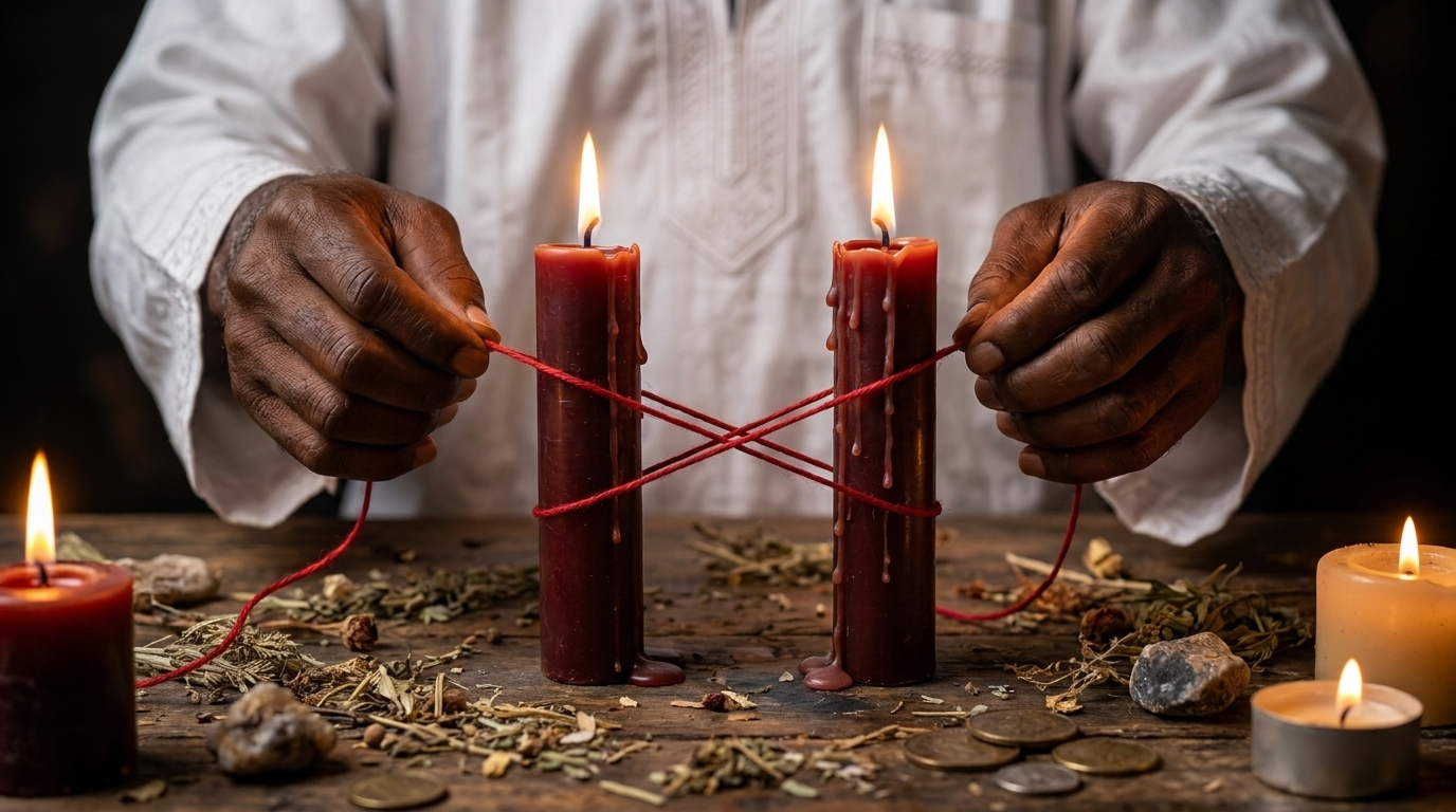 Hands winding red thread in a loose figure-eight around two lit candles