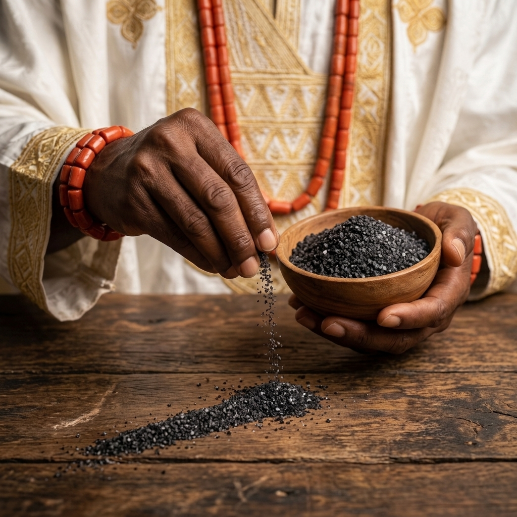 A man creating a salt boundary during a protective ritual