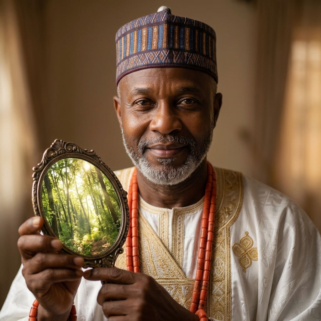 A man holding up a mirror to his own reflection in a forest