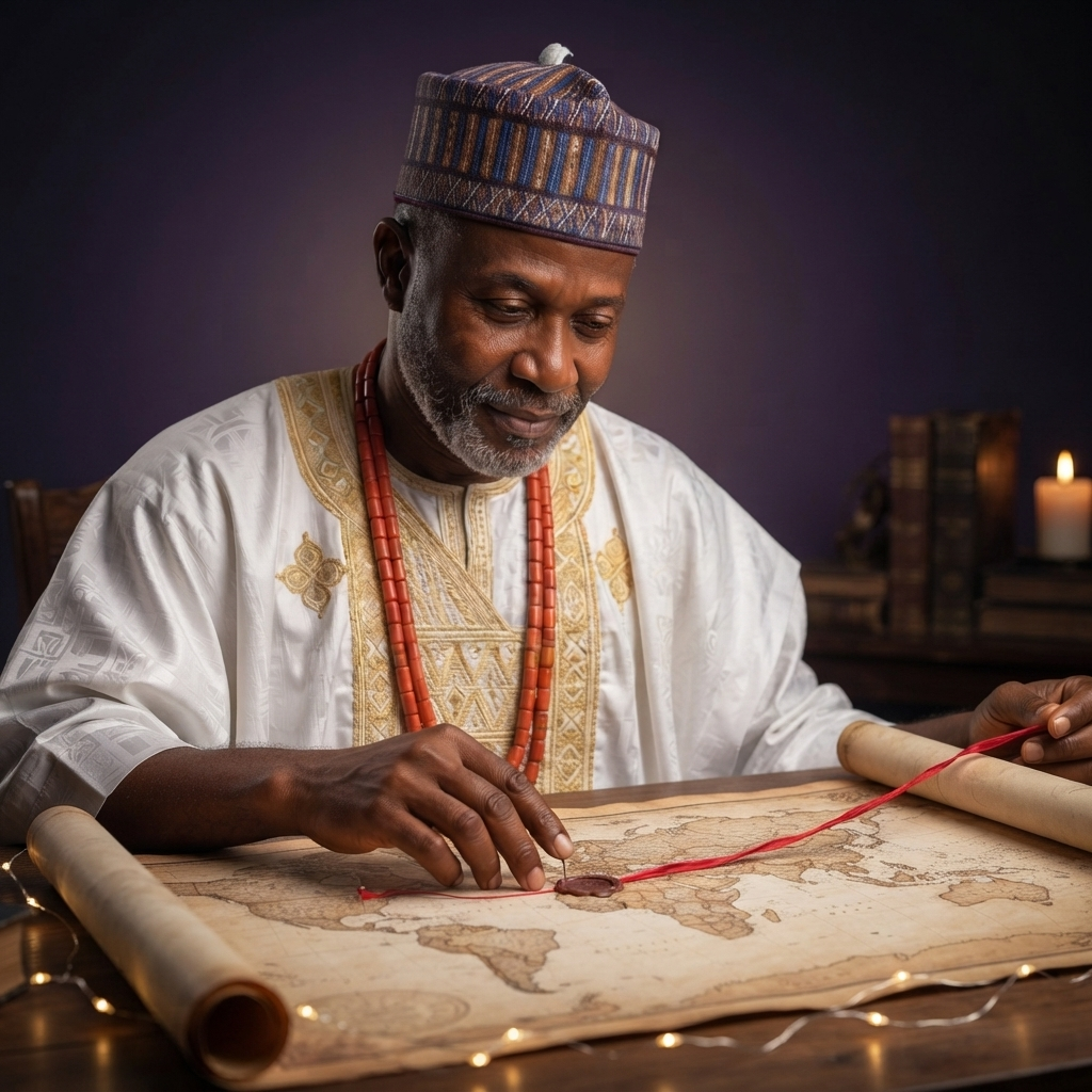 A man studying a world map, tracing the distance between two people