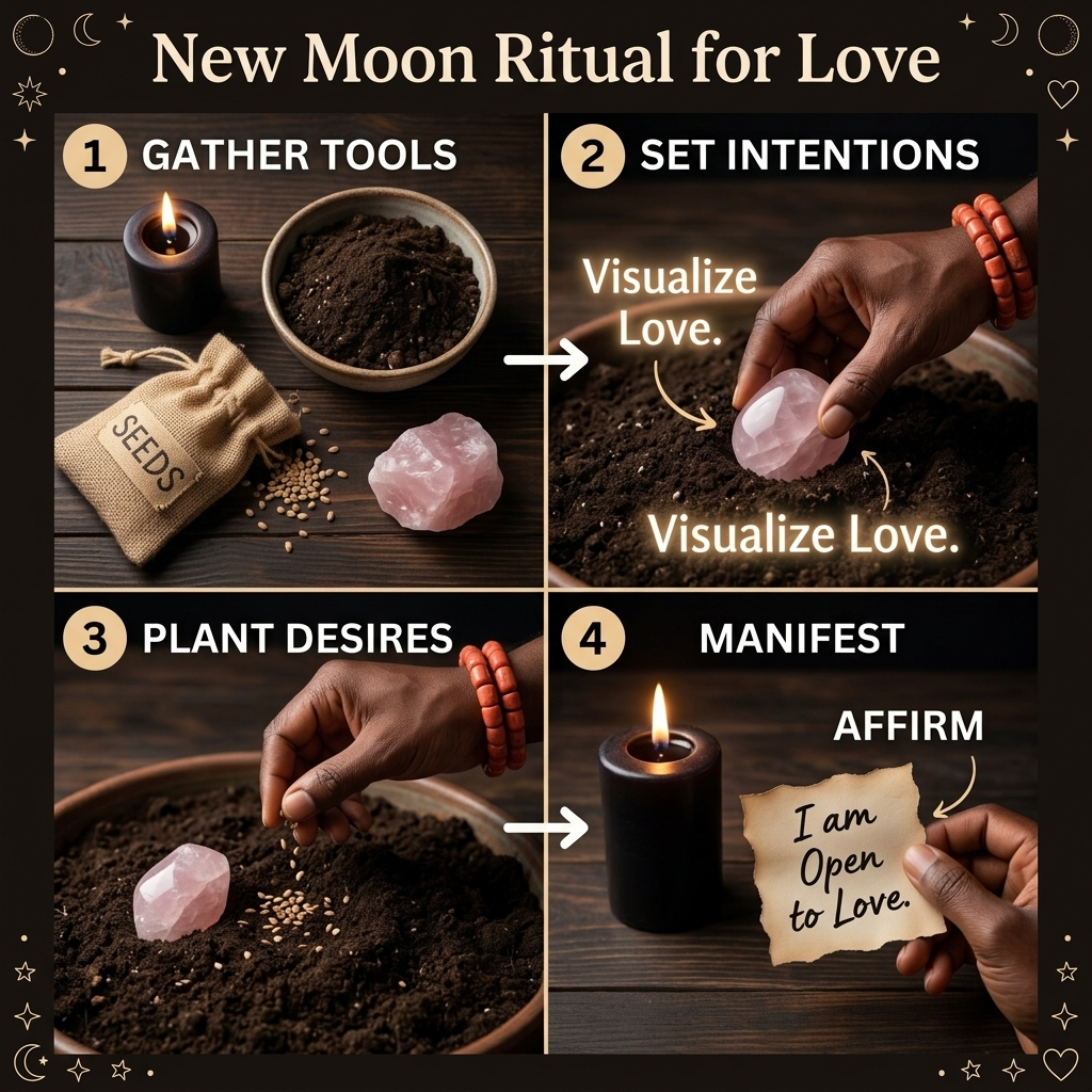A ritual candle lit for love work under a new moon