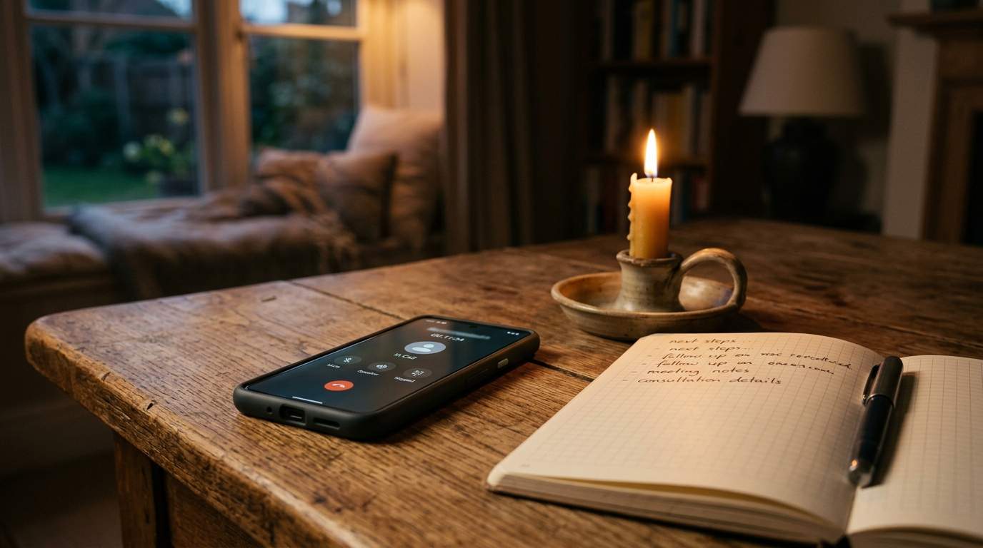 Illustration of a hand deliberately placing a phone face-down on a wooden table, with warm light rising from an open journal beside it