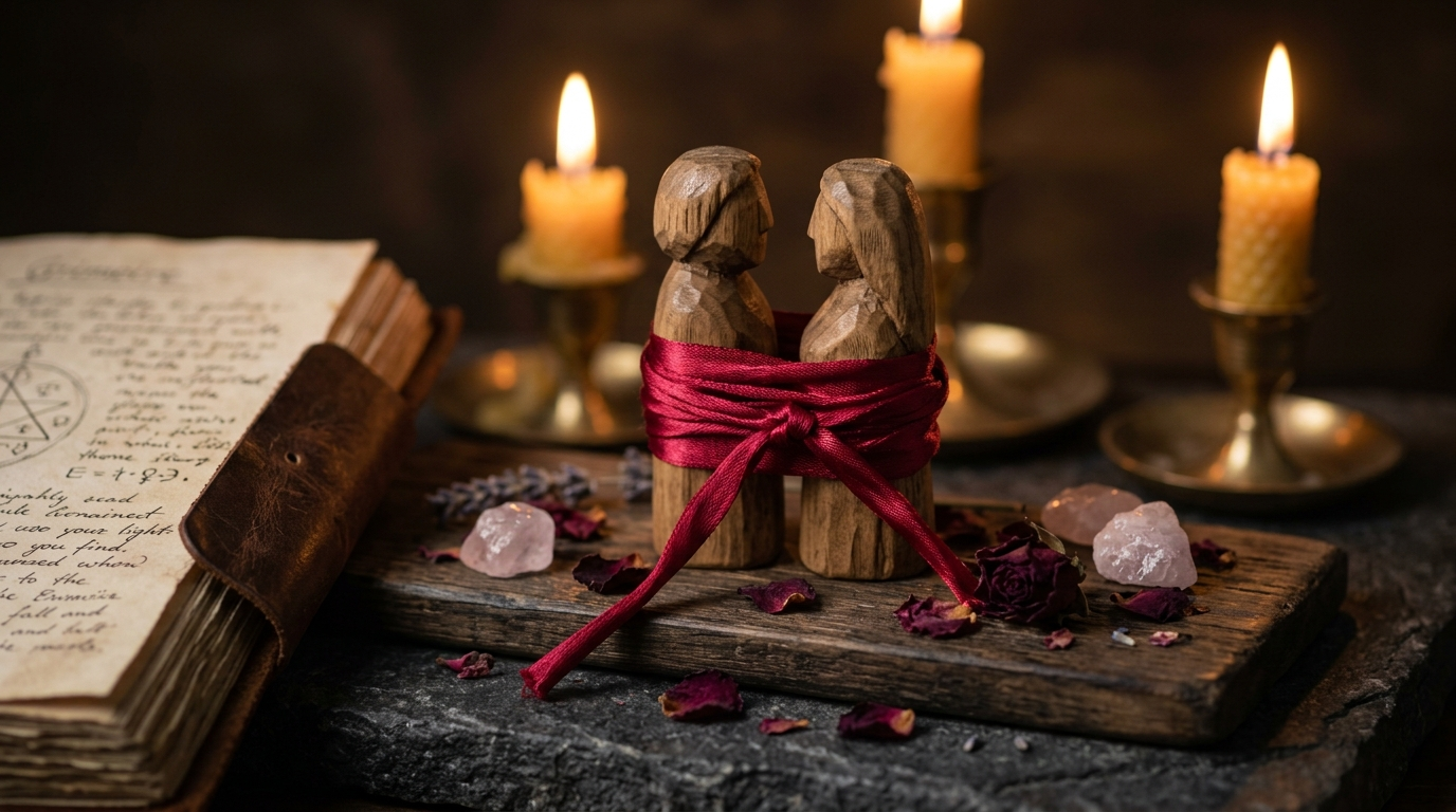 A red thread binding two small wooden figurines together
