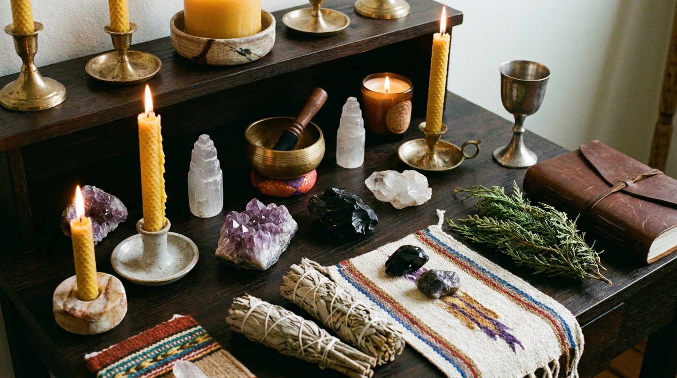 Two candles, a shared photograph, red thread, and salt arranged on a simple wooden altar