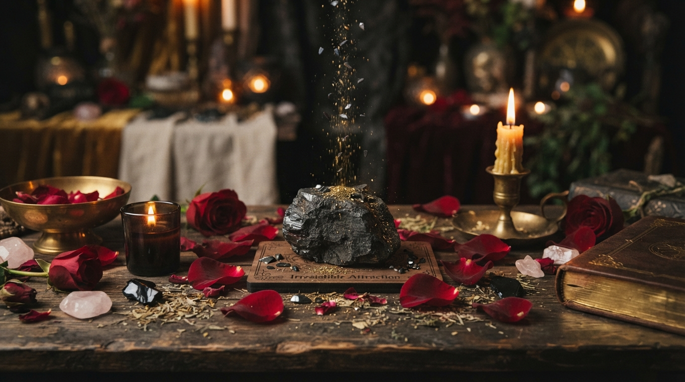 Rose petals arranged around a natural magnetic stone