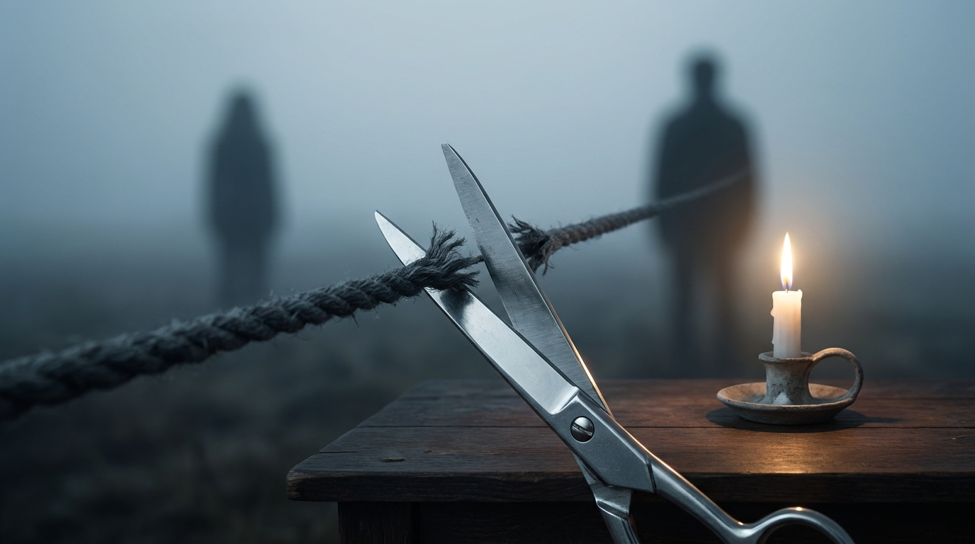 A pair of scissors cutting a frayed cord during a ritual