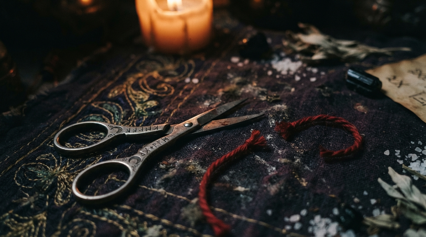 Scissors poised over a red thread that has begun to fray
