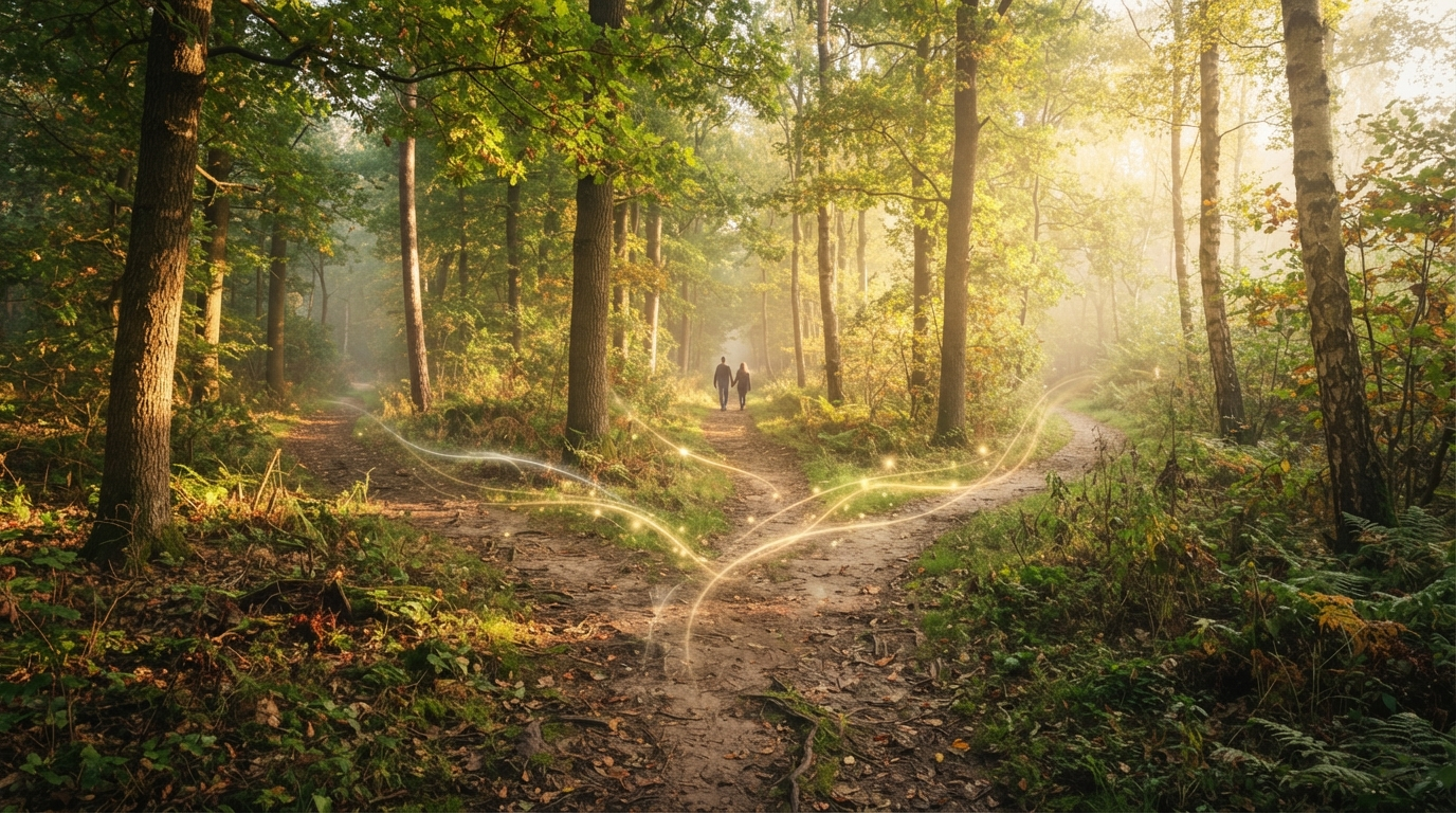 Two forest paths splitting apart from a single trail