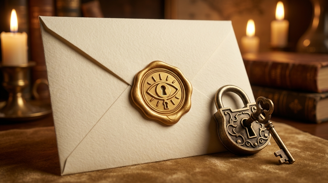 A wax seal pressed into an envelope holding a completed binding, set aside to rest undisturbed