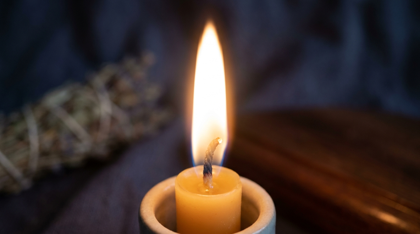 Single white candle burning, used for a softening working