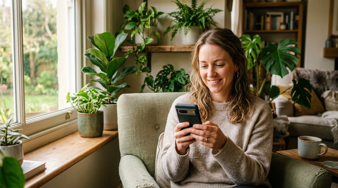 A woman smiling at a message on her phone, the kind of small nightly contact that steadies a long distance bond
